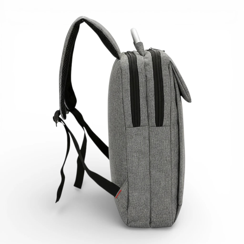 Sac à dos ordinateur 15 pouces en nylon gris vue profil avec double compartiment zippé