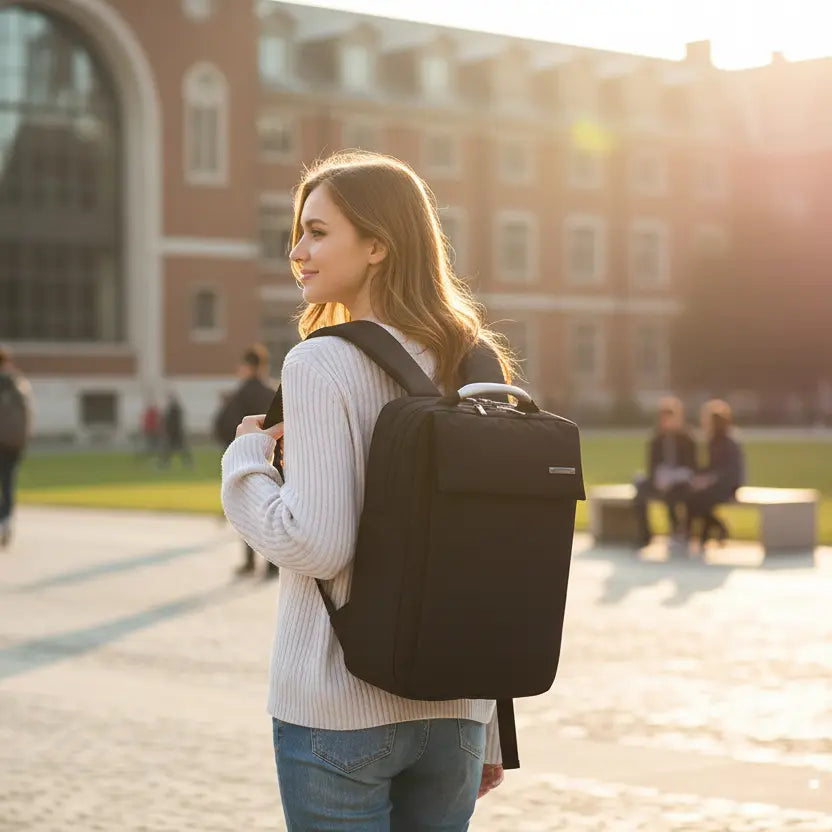 Sac à dos ordinateur 15 pouces en nylon noir porté sur un campus