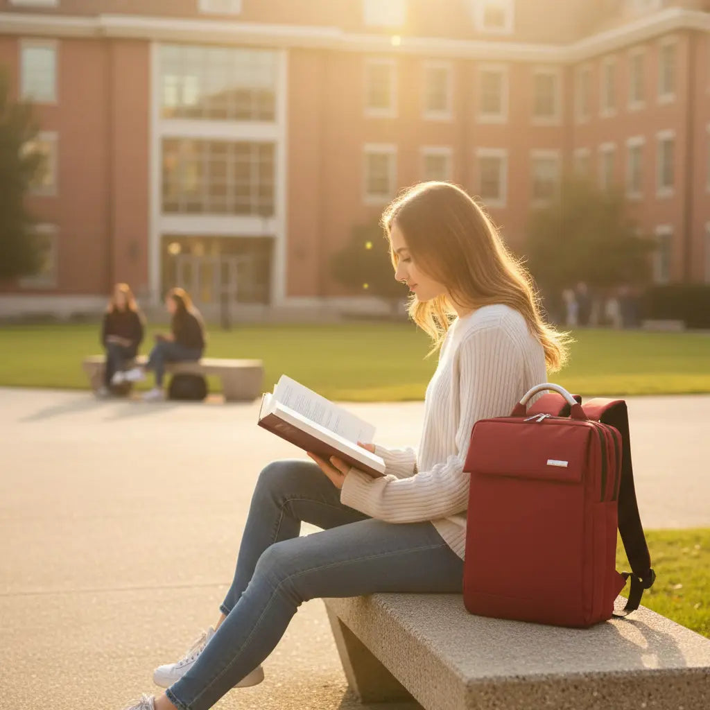 Sac à dos ordinateur 15 pouces en nylon rouge utilisé sur un campus