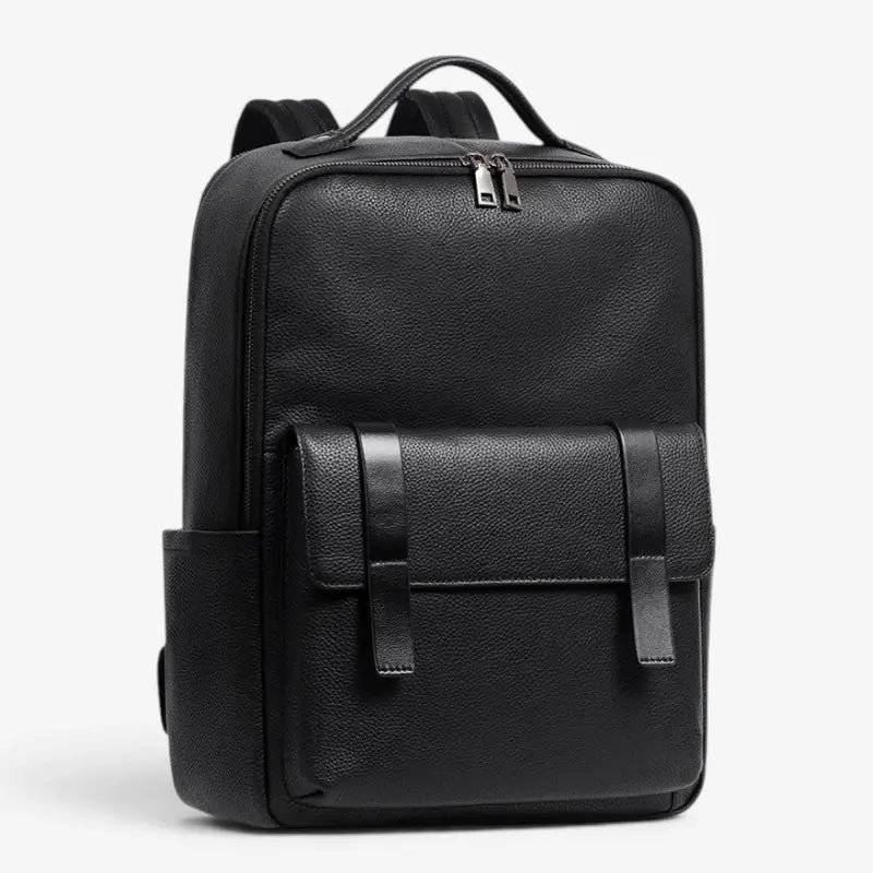 Vue de face du sac à dos ordinateur en cuir noir pour homme avec poche avant