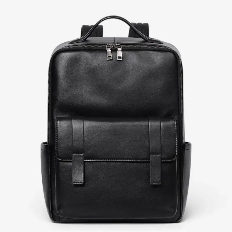 Sac à dos ordinateur en cuir noir lisse pour homme avec compartiment ordinateur portable