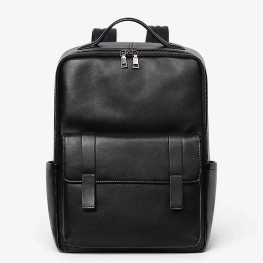 Sac à dos ordinateur en cuir noir lisse pour homme avec compartiment ordinateur portable