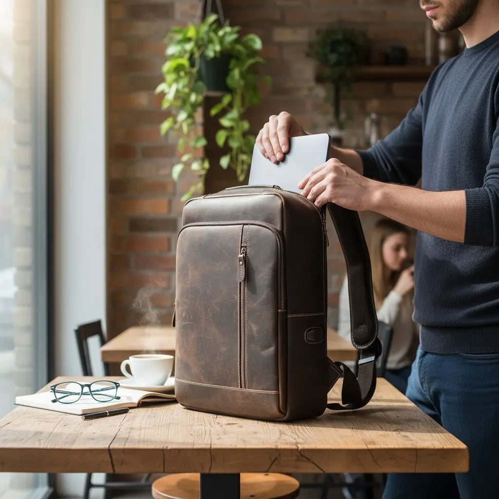 Homme rangeant un ordinateur portable dans un sac à dos en cuir marron avec port USB intégré dans un café moderne