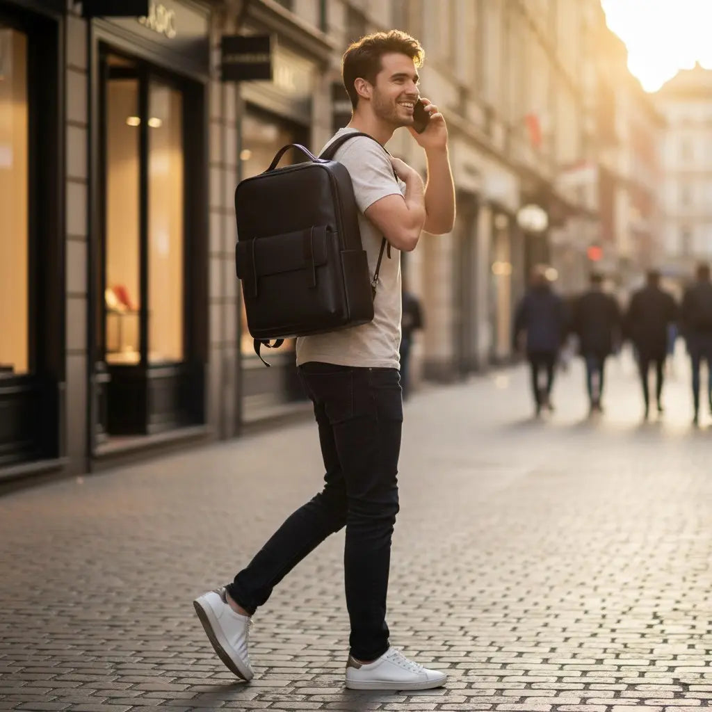 Homme portant un sac à dos ordinateur en cuir noir dans une rue commerçante