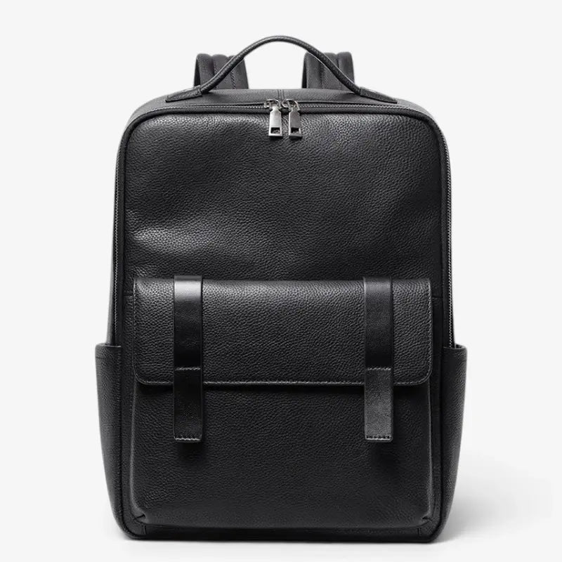 Sac à dos ordinateur en cuir noir pour homme avec poche frontale et compartiment 15,6 pouces