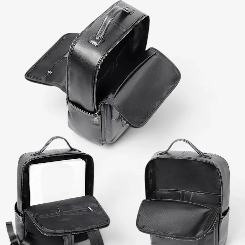 Sac à dos ordinateur en cuir noir ouvert montrant les compartiments de rangement intérieurs