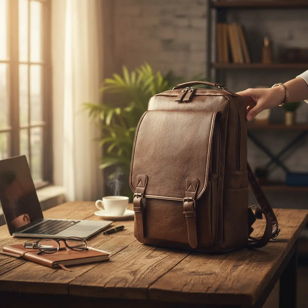 Sac à dos ordinateur marron foncé en cuir synthétique posé sur un bureau avec ordinateur portable
