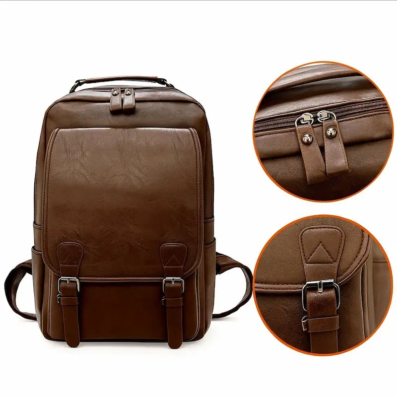 Détails des coutures et boucles métalliques d’un sac à dos ordinateur marron foncé en cuir synthétique