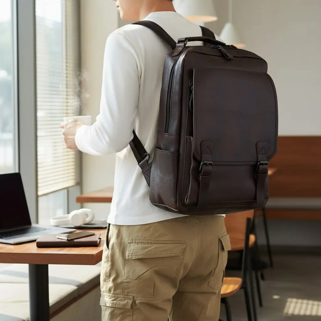 Homme portant un sac à dos ordinateur marron foncé en cuir synthétique dans un bureau moderne