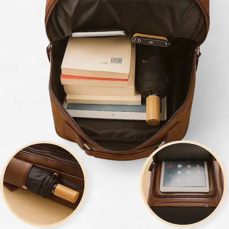 Vue intérieure d’un sac à dos ordinateur marron foncé avec compartiments pour livres et accessoires