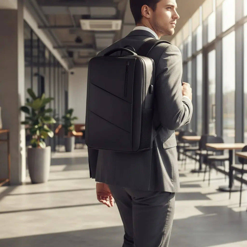 Professionnel portant un sac à dos ordinateur noir ergonomique 15,6 pouces dans un espace de travail moderne