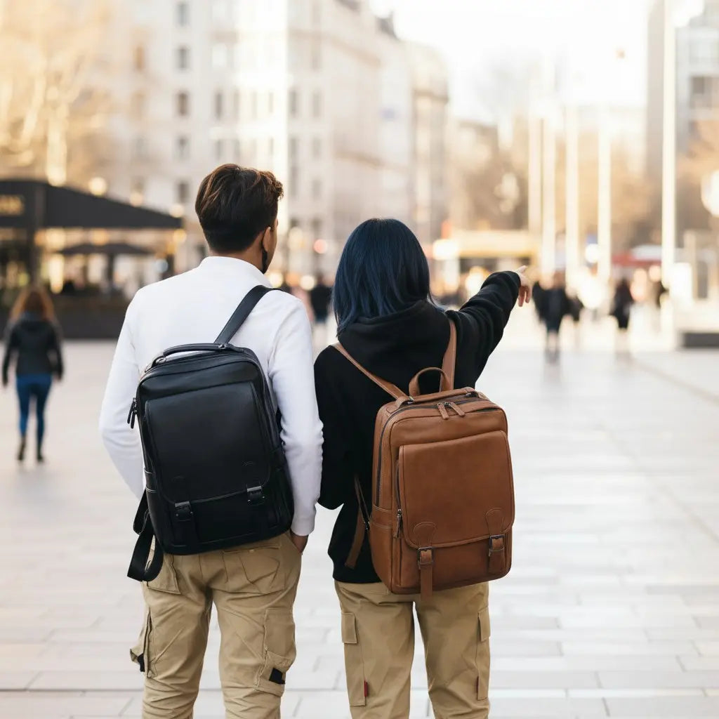 Couple en extérieur portant un sac à dos ordinateur noir et un sac marron en cuir synthétique