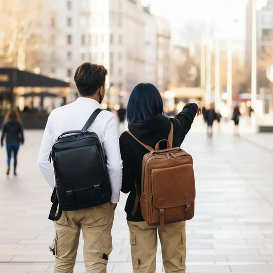 Couple en extérieur portant un sac à dos ordinateur noir et un sac marron en cuir synthétique