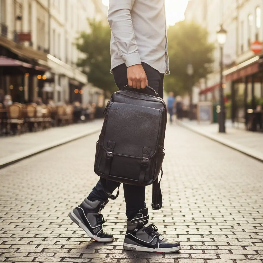 Homme marchant en extérieur tenant un sac à dos ordinateur noir en cuir synthétique