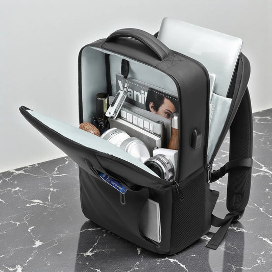 Sac à dos noir pour ordinateur portable ouvert, compartiments internes visibles avec accessoires rangés.