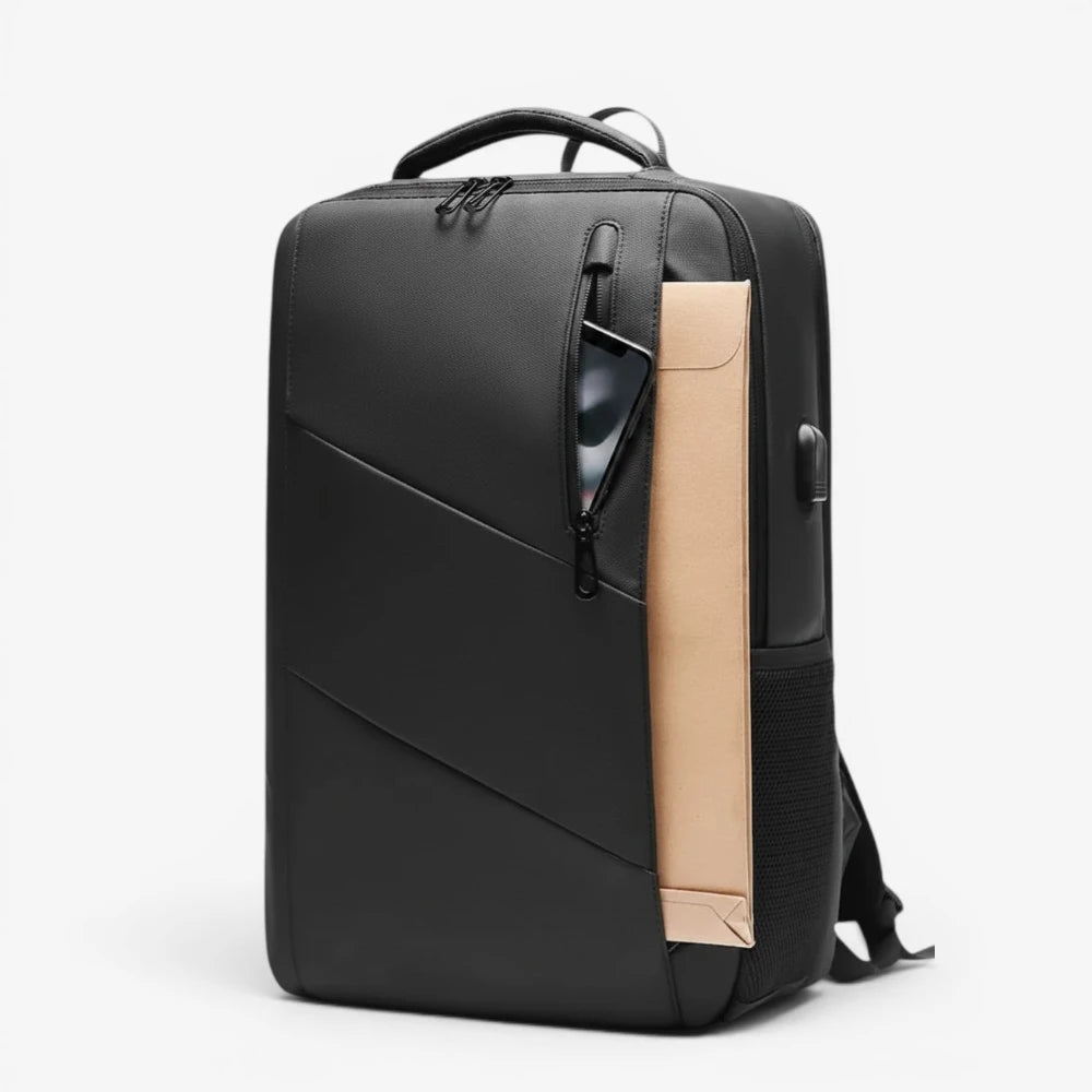 Sac à dos noir pour ordinateur portable avec rangement latéral pour documents.
