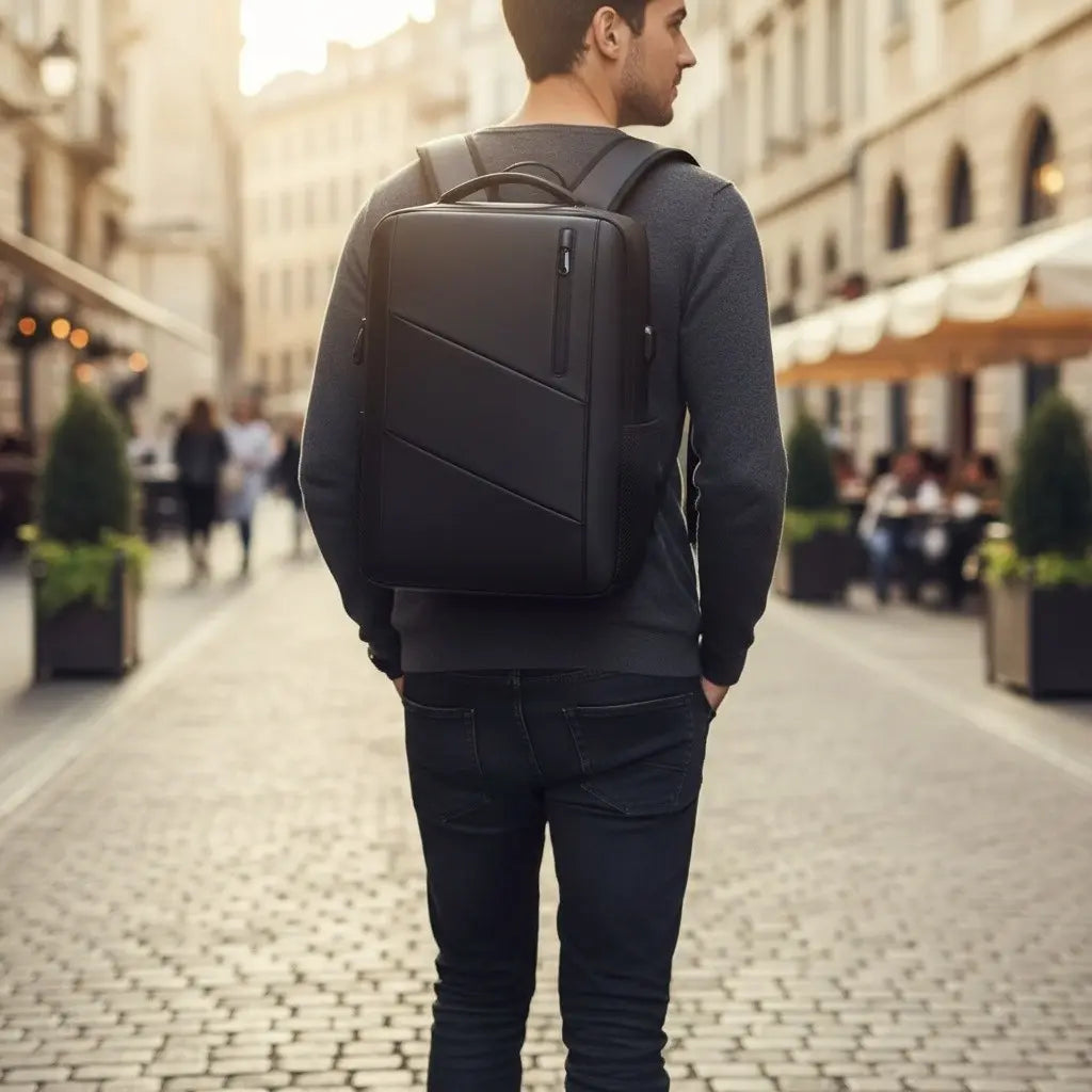 Homme portant un sac à dos ordinateur noir 15,6 pouces avec port USB dans une rue urbaine
