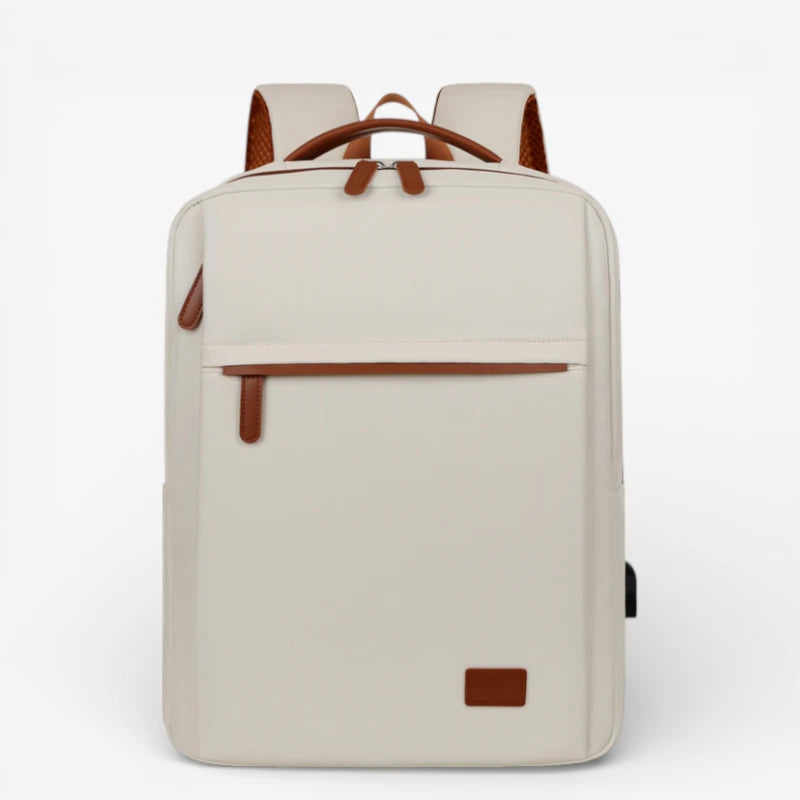 Vue face sac à dos ordinateur portable beige design minimaliste et élégant