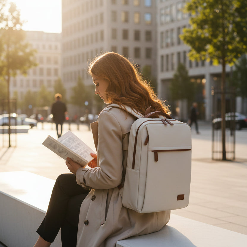 Sac à dos ordinateur portable beige porté par une femme en environnement urbain moderne