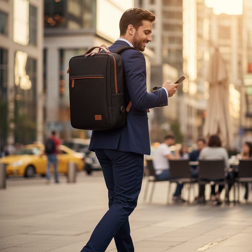 Sac à dos ordinateur portable beige porté par un homme en tenue professionnelle en centre-ville
