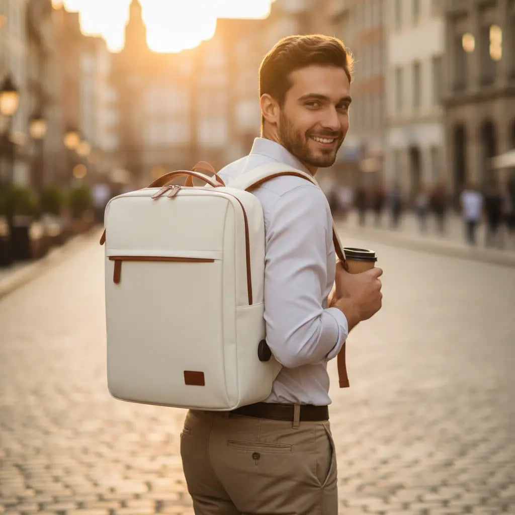 Sac à dos ordinateur portable beige porté en extérieur style professionnel moderne