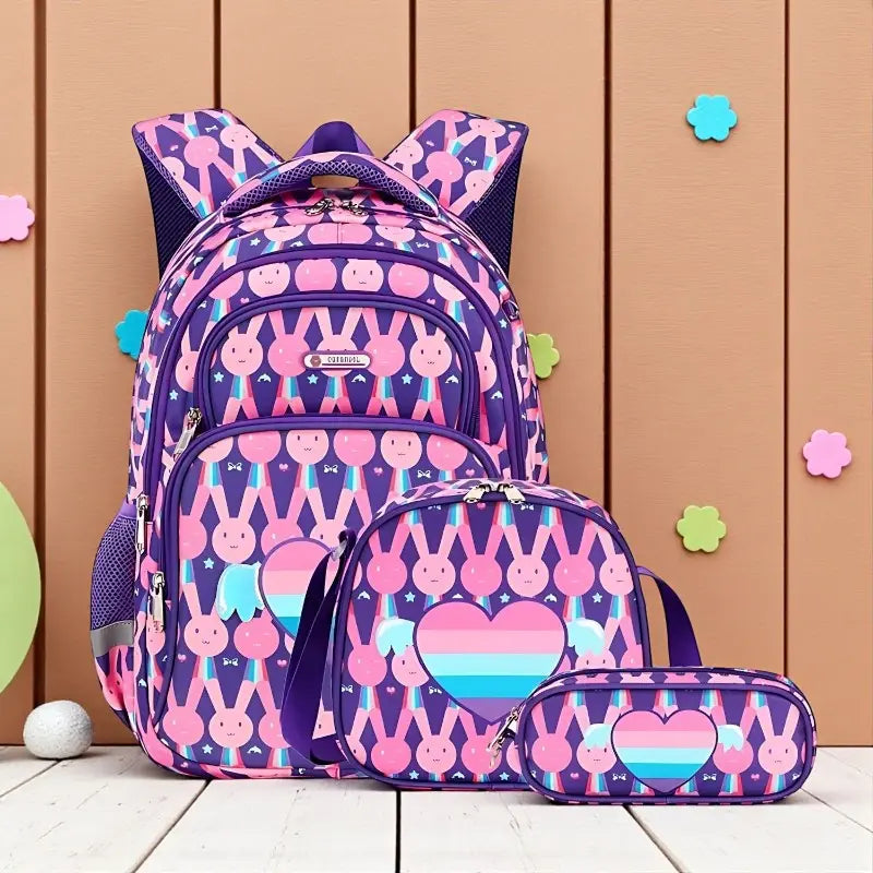 Sac à dos orthopédique violet pour fille avec trousse et sac repas assortis