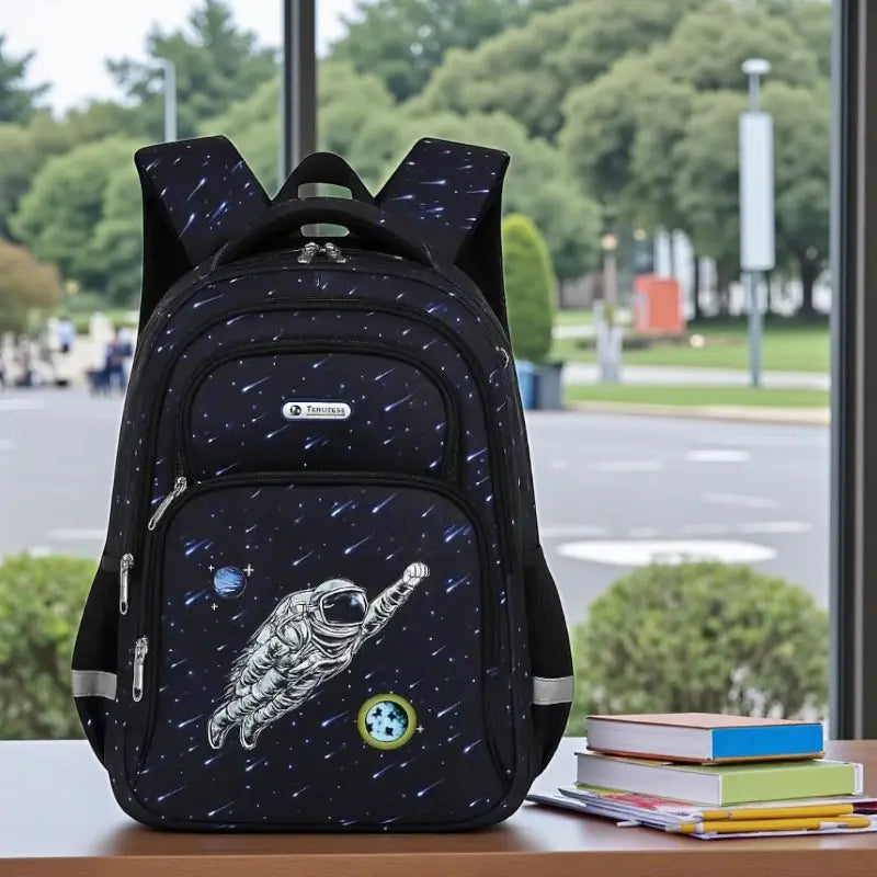 Sac à dos astronaute noir posé sur un bureau près de livres, avec fond de fenêtre lumineuse.