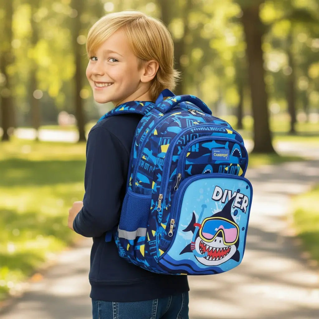 Garçon portant un sac à dos orthopédique bleu avec motif requin plongeur sur un chemin boisé.