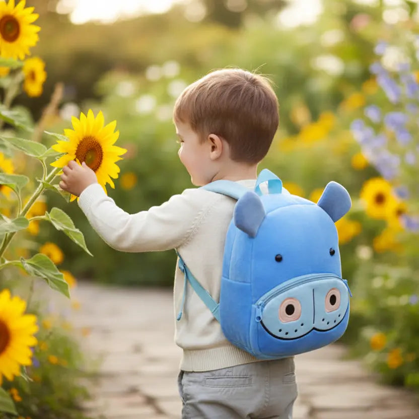 Sac à dos peluche hippopotame enfant porté en extérieur dans un parc