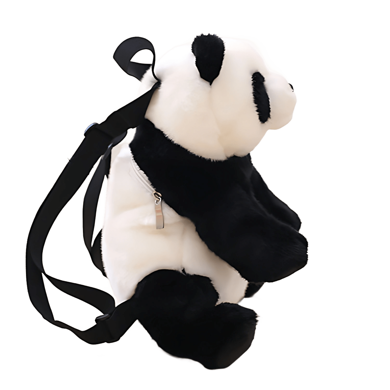 Vue de côté du sac à dos peluche panda noir et blanc avec bretelles réglables