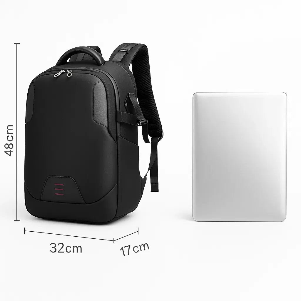 Sac photo noir étanche avec dimensions 48 × 32 × 17 cm, compartiment PC 15,6 pouces