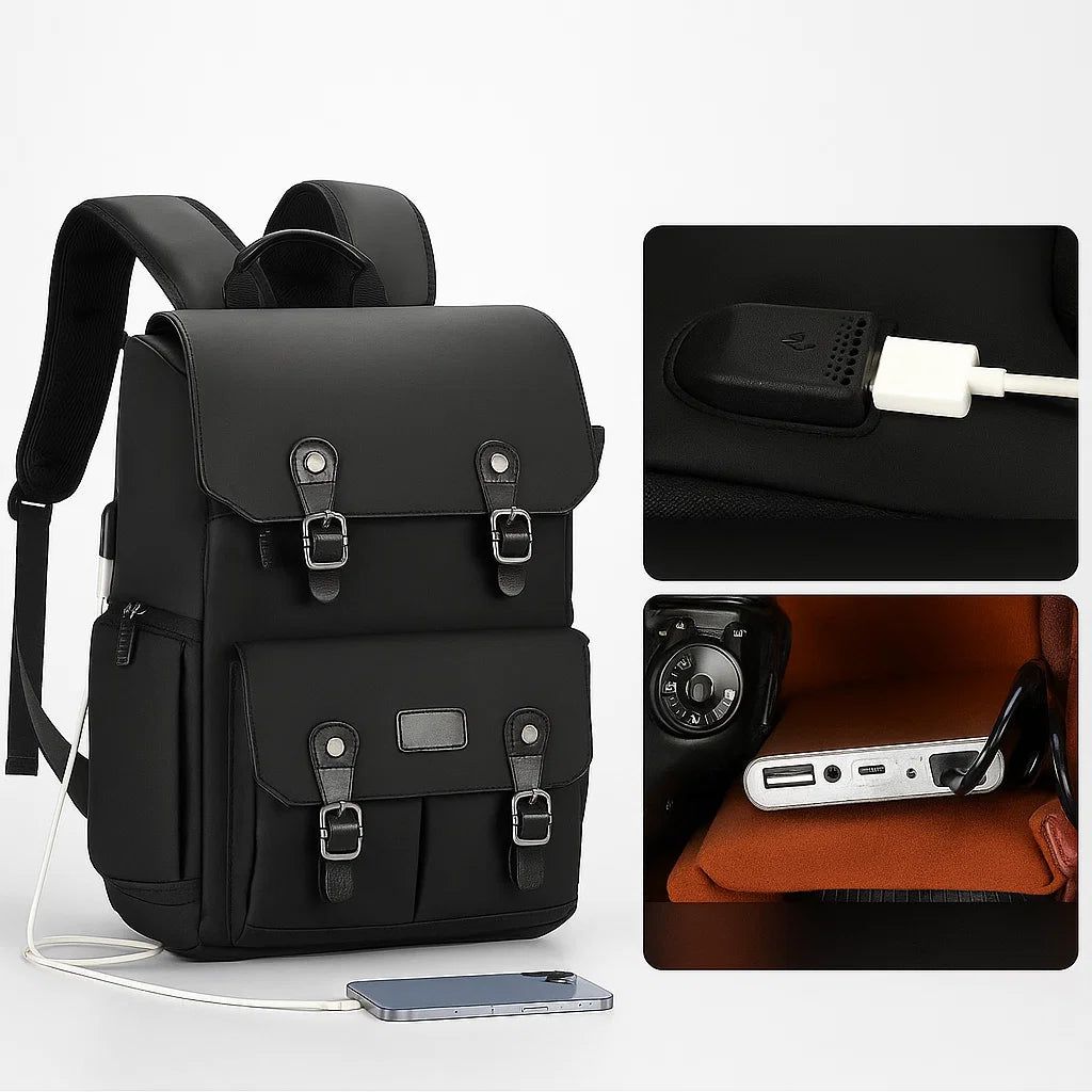 Sac à dos photo noir avec appareils photo et objectifs rangés dans les compartiments