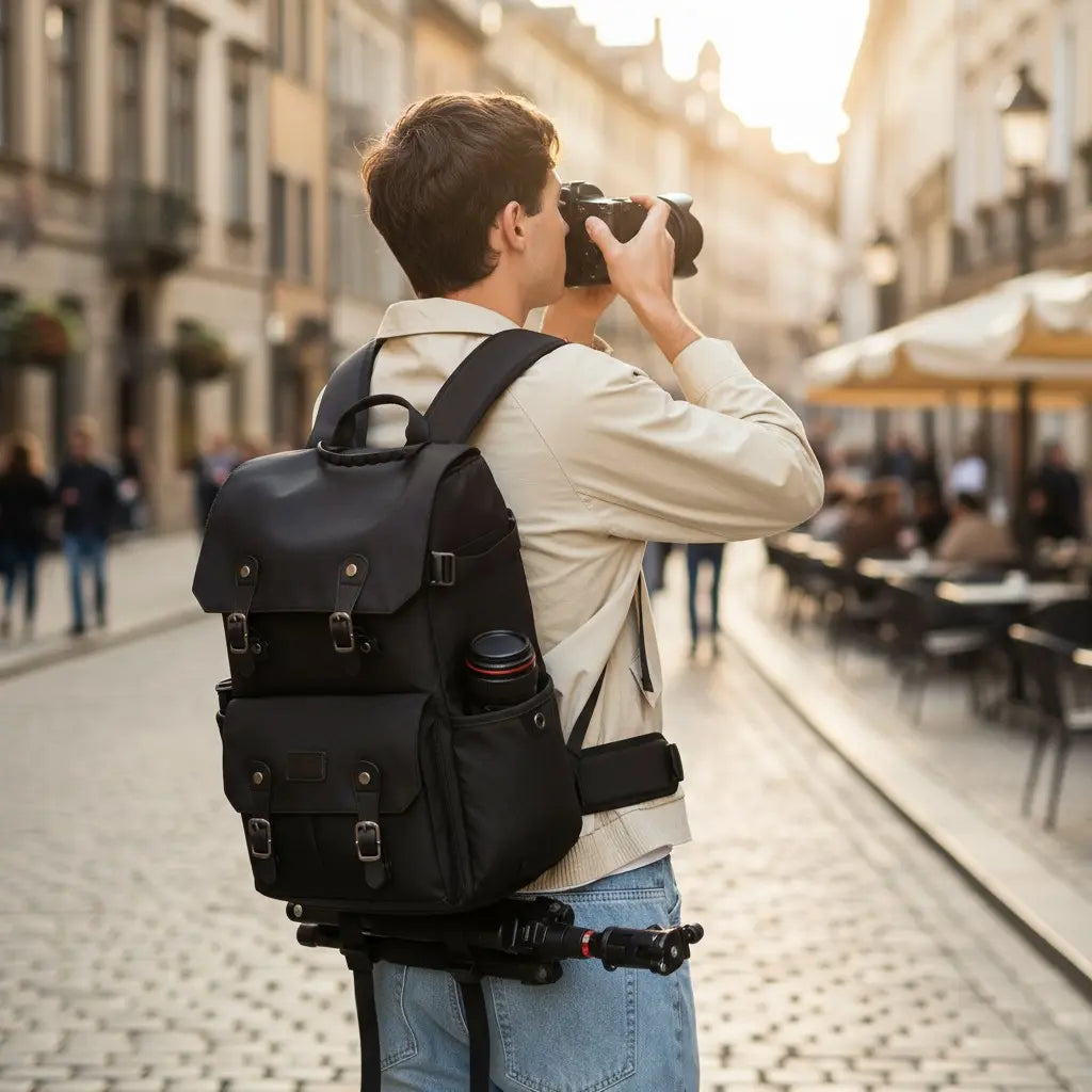 Homme portant un sac à dos photo noir étanche en marchant dans la rue