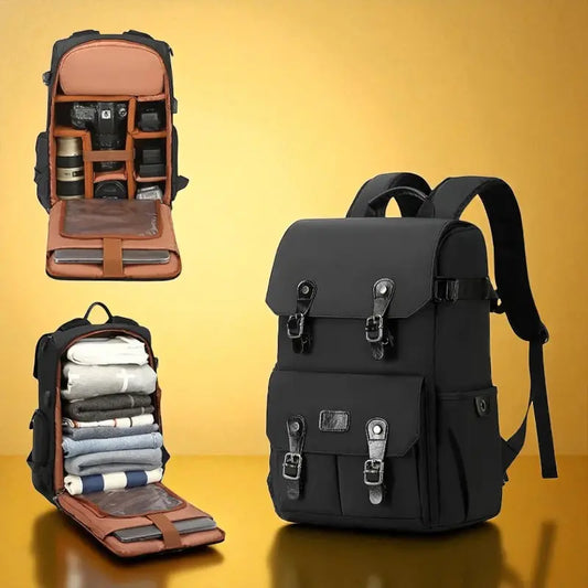 Sac à dos photo noir étanche présenté avec intérieur modulable en mousse et extérieur à boucles métalliques