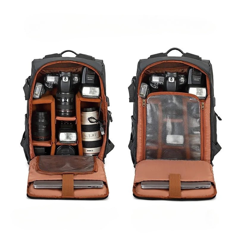 Vue intérieure d’un sac à dos photo noir avec compartiments modulables en mousse