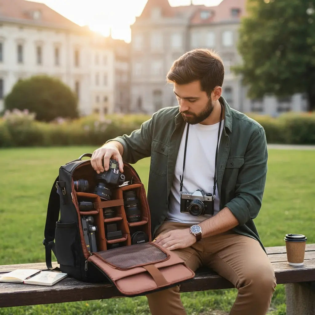 Homme utilisant un sac à dos photo noir ouvert avec compartiments pour appareils et accessoires