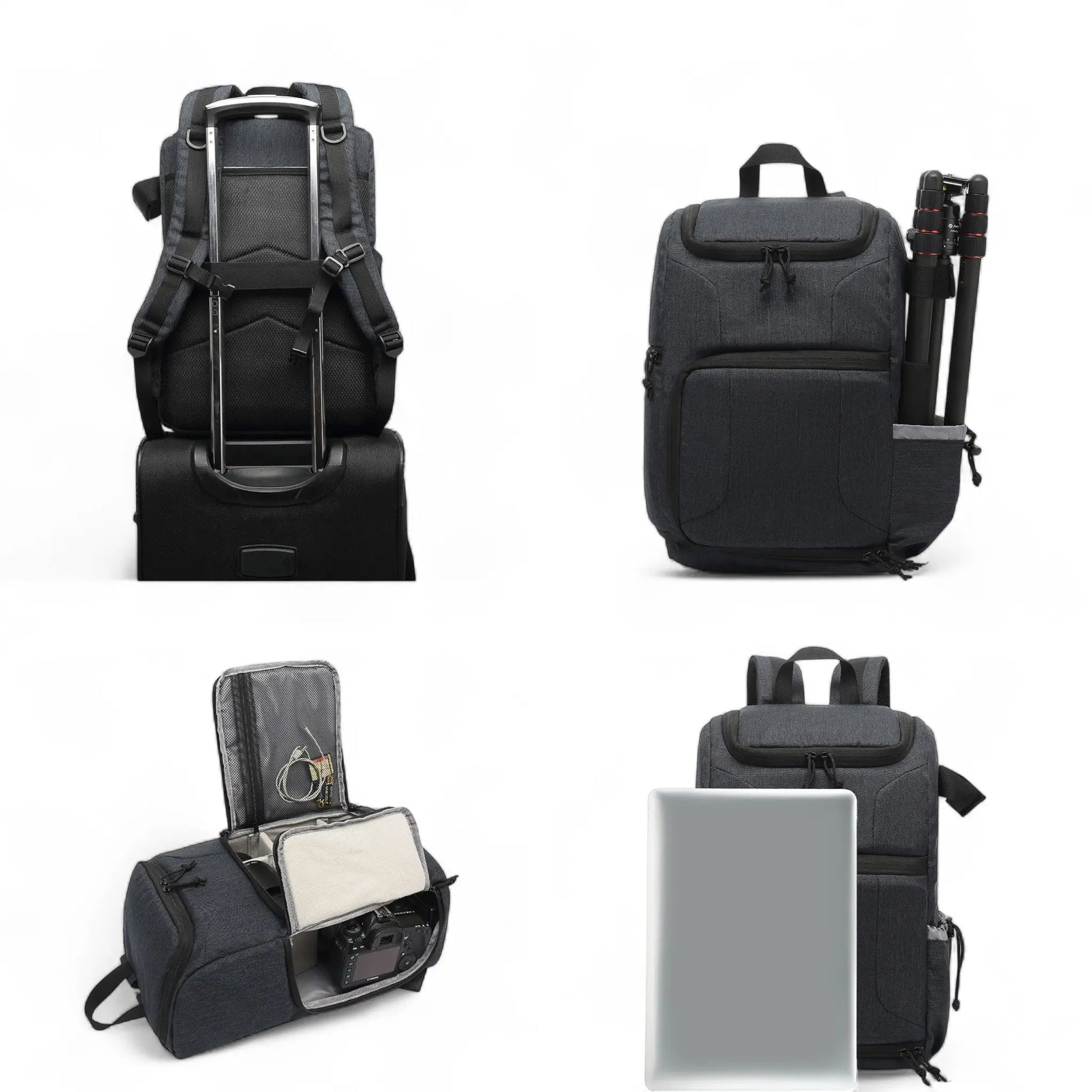 Sac photo noir ouvert avec compartiments modulables et rangement ordinateur portable