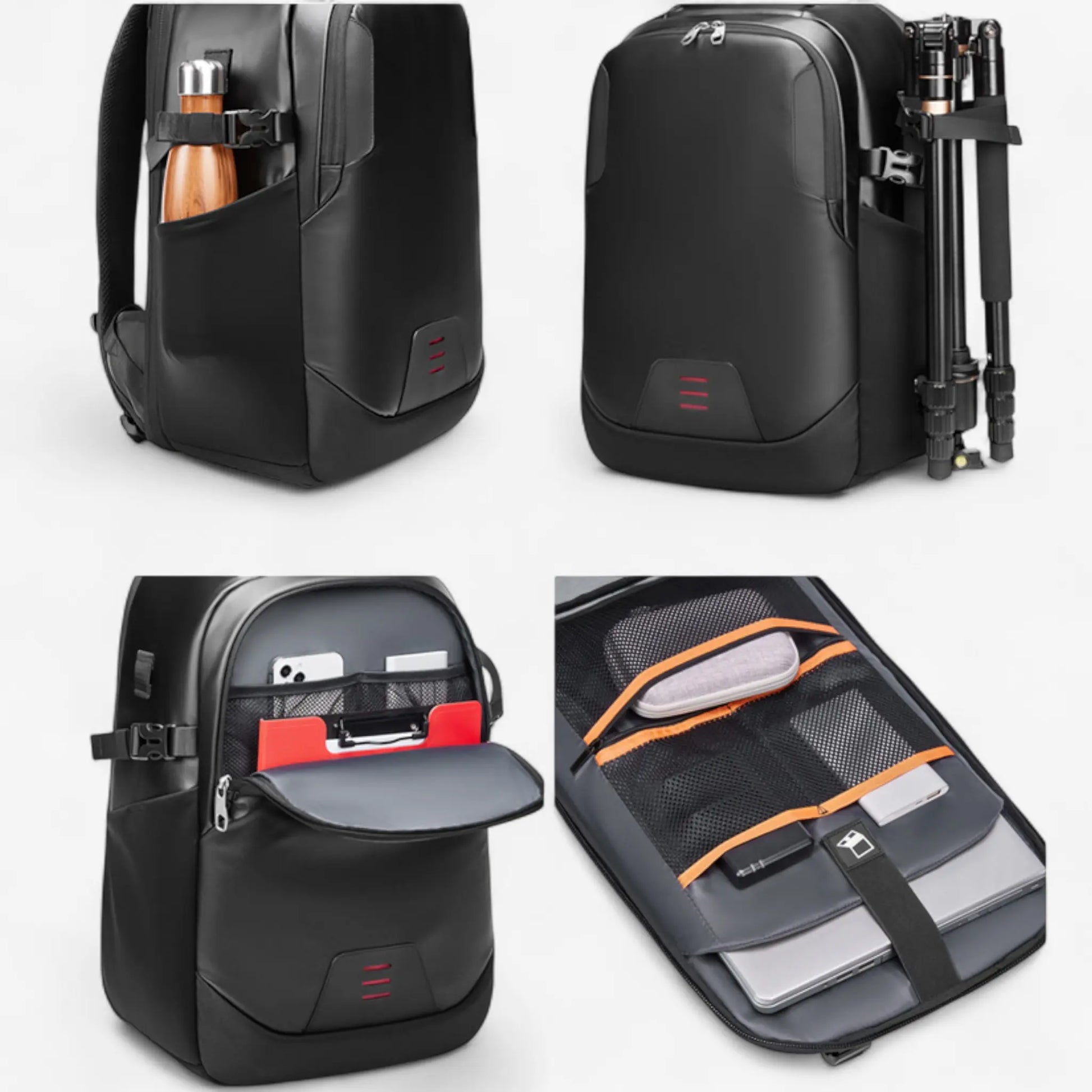 Sac photo noir ouvert avec compartiments modulables et poches latérales pour accessoires