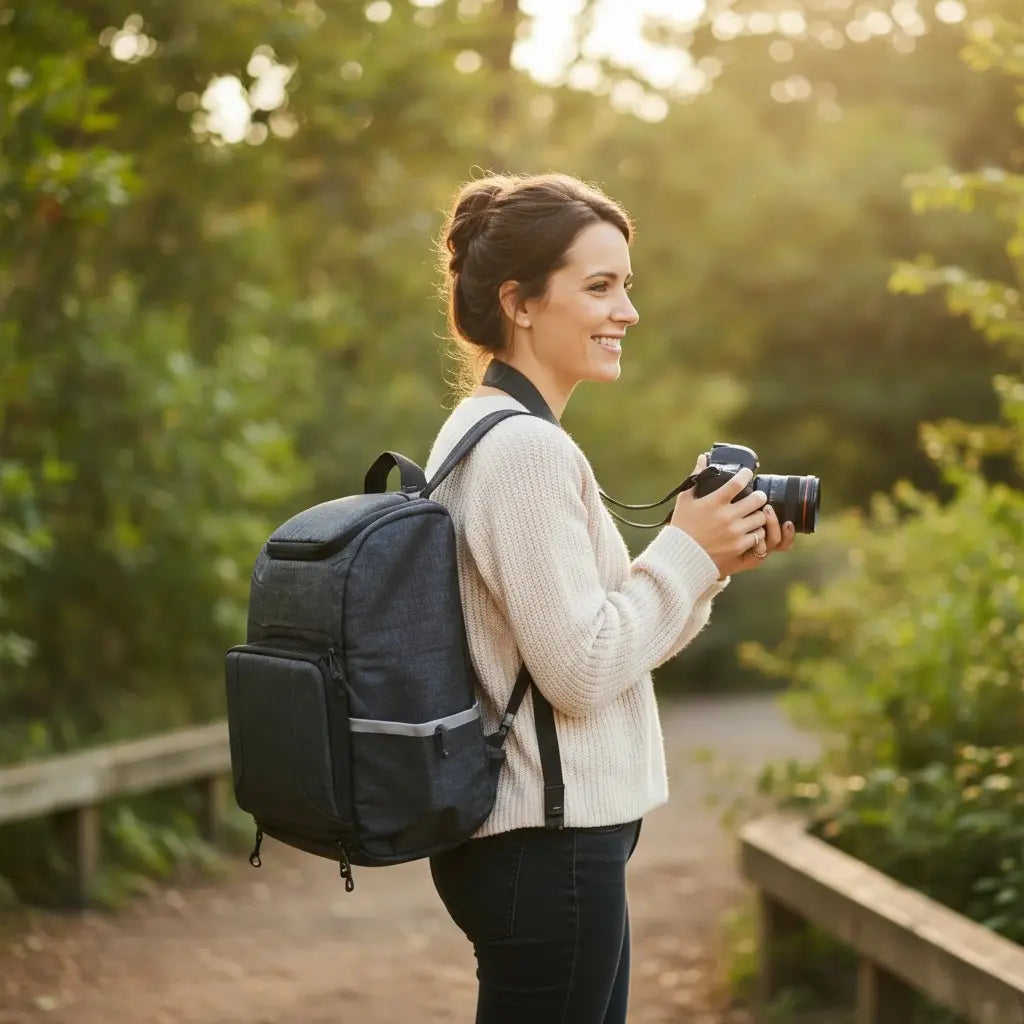 Femme en extérieur portant un sac à dos photo noir avec trépied fixé sur le côté