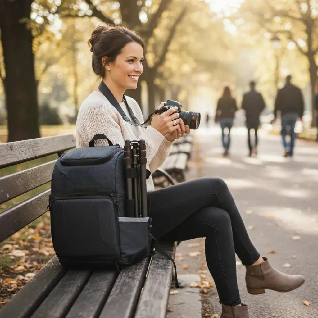 Femme assise avec sac à dos photo noir étanche porté sur banc