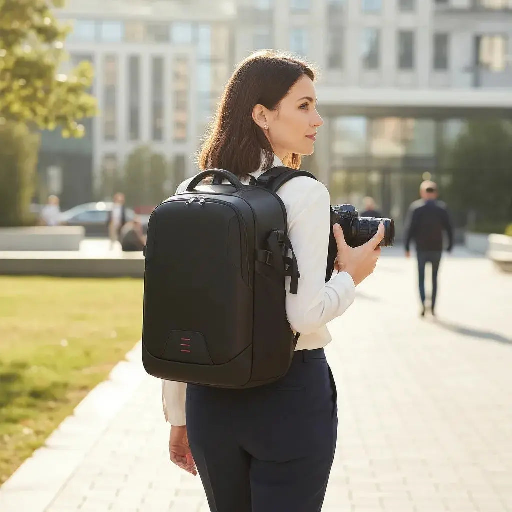 Femme portant un sac photo noir étanche et compact en milieu urbain avec appareil photo