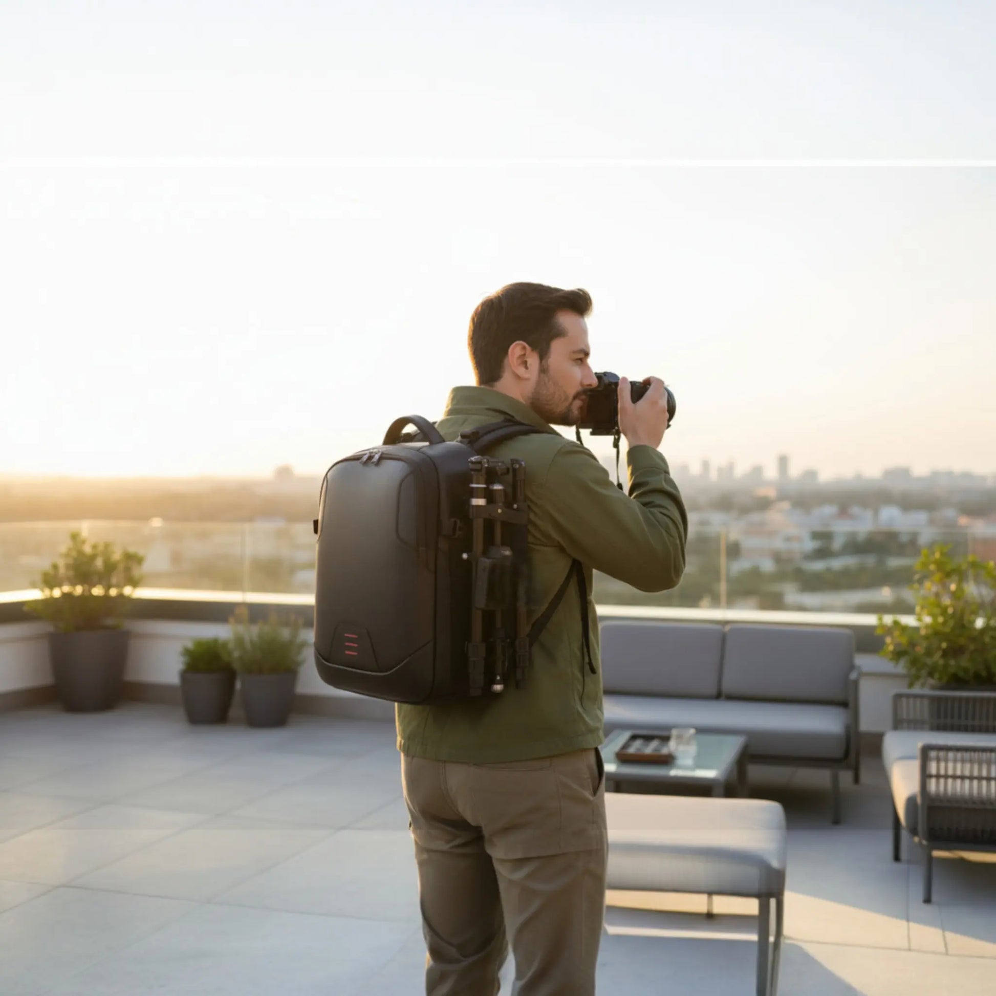 Homme portant un sac à dos photo noir étanche avec compartiment ordinateur et reflex