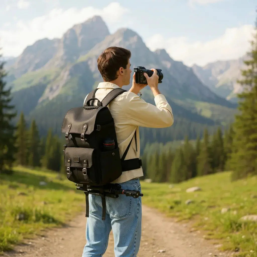 Photographe en randonnée avec sac à dos photo noir, trépied fixé dessous et appareil en main devant un paysage de montagne