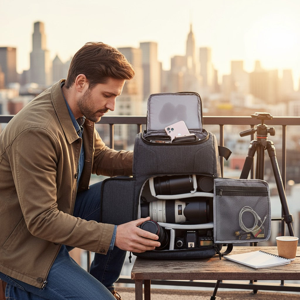 Sac photo noir en utilisation extérieur avec rangement modulable pour appareil reflex et accessoires