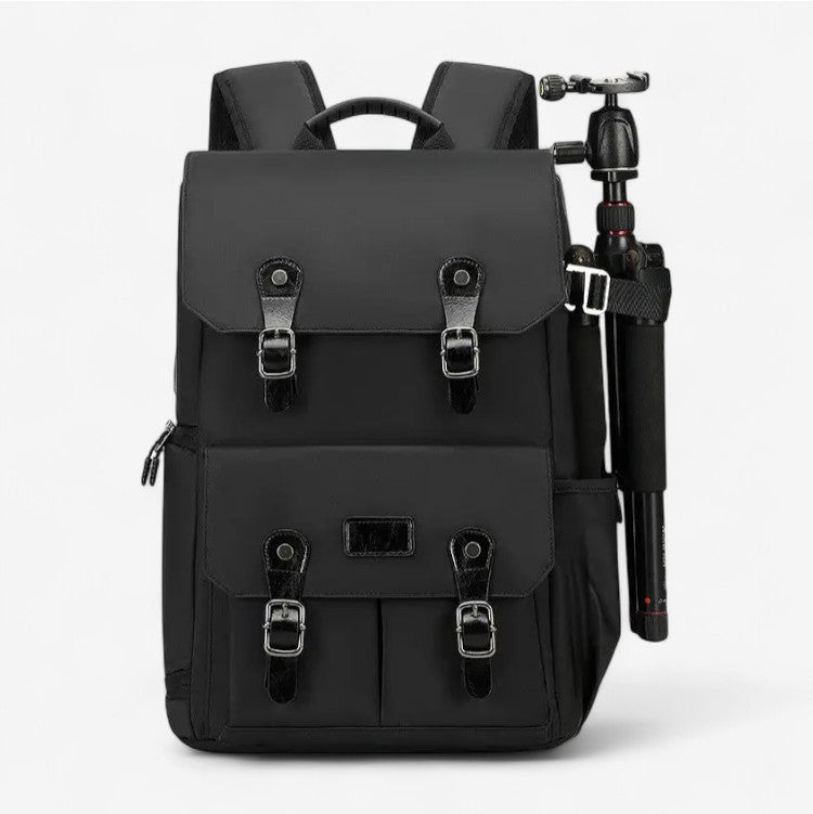 Sac à dos photo noir étanche avec trépied fixé sur le côté et multiples compartiments