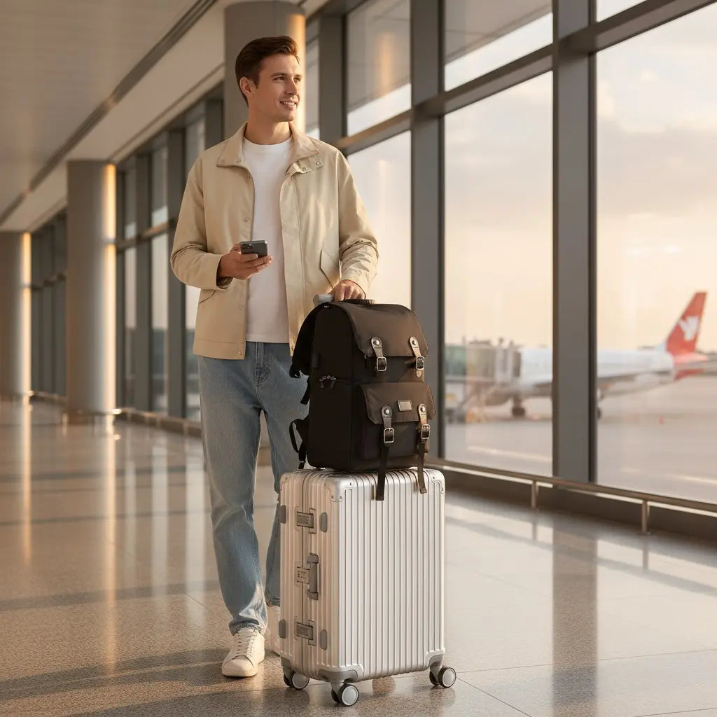 Homme avec un sac à dos photo noir fixé sur une valise en voyage