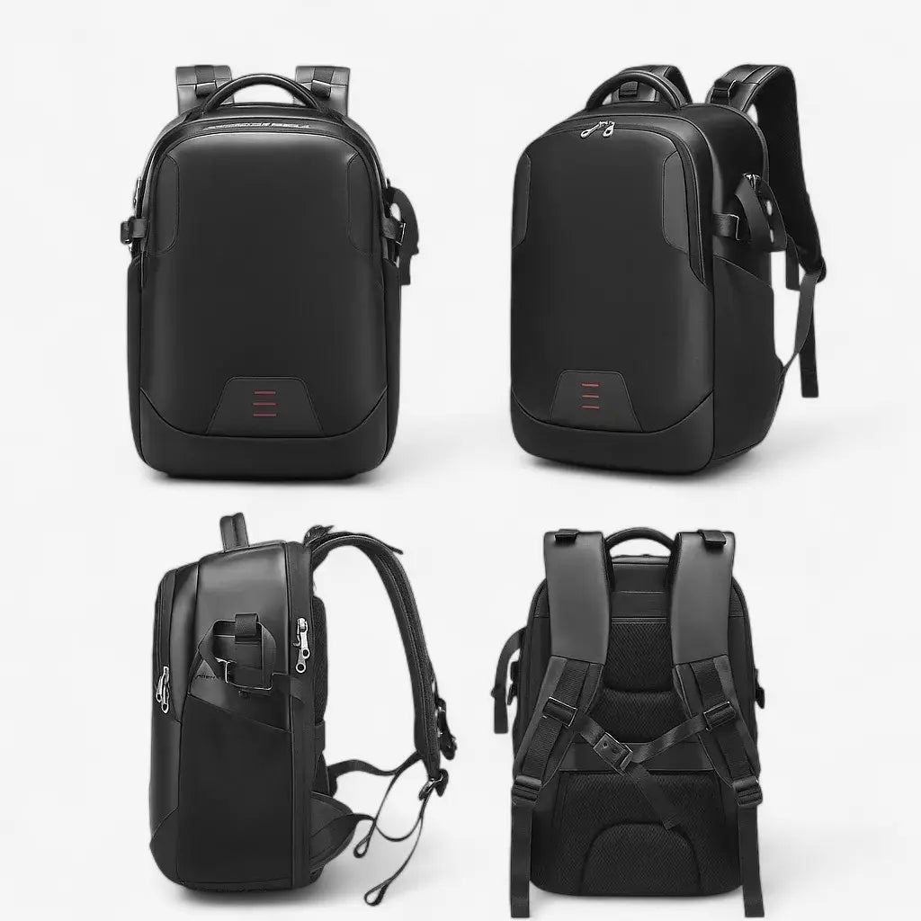 Sac à dos photo noir étanche vu de face, profil et dos avec bretelles ergonomiques