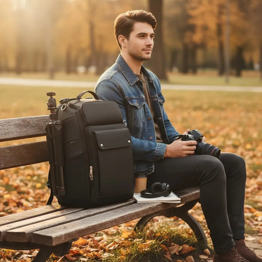 Homme assis utilisant un sac photo pro noir avec port USB et compartiment PC 15 pouces