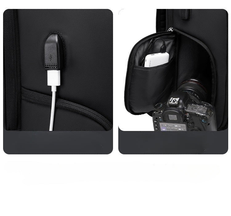 Sac photo pro noir avec port USB externe intégré pour charger les appareils en déplacement