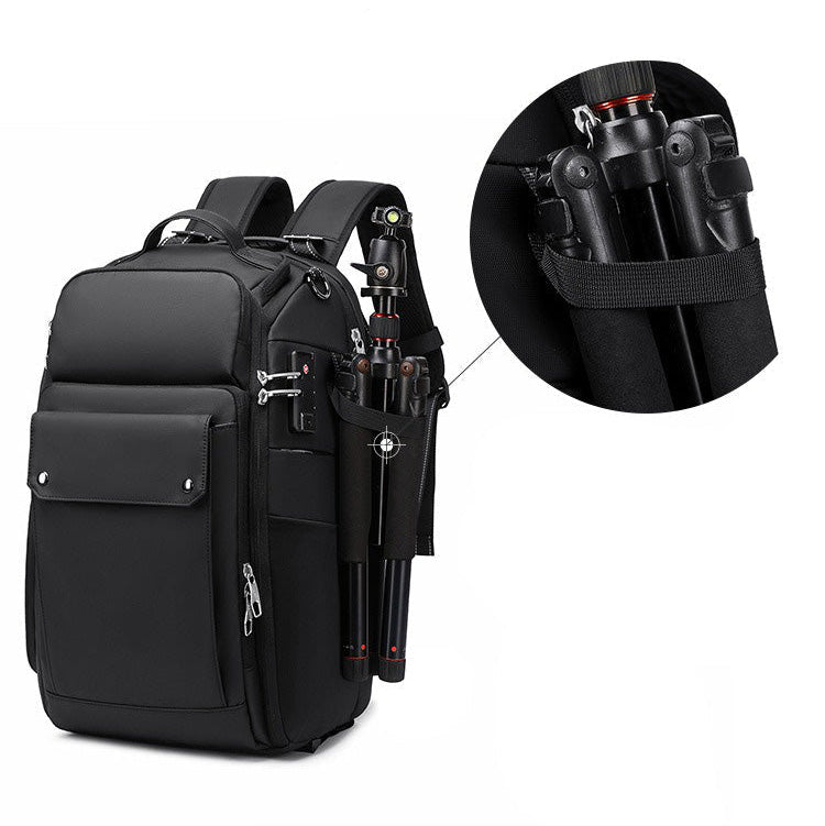 Sac photo pro noir avec trépied fixé sur le côté et poches latérales zippées